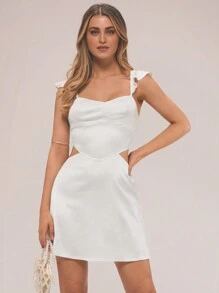 Forever 21 實色荷葉邊露腰緞面派對白色迷你裙 - 白色 - 查看 5