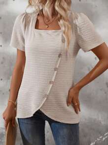 SHEIN LUNE Square Neck Textured Short Sleeve Casual T-Shirt - Apricot - View 5