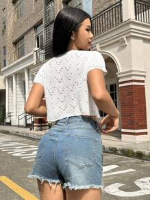 Muchica Tie Trước Dệt kim chấm bi Áo len Mở - trắng - Xem 2