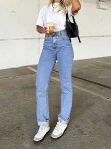 Women's Daily Casual Washed Straight Leg Loose Jeans With Diagonal Pockets, Buttons, Zipper Details, Suitable For Commuting, Dating, And Office Wear - Rửa trung bình - Xem 5