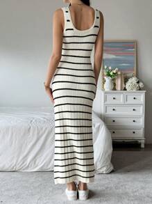 SHEIN LUNE 夏季條紋圖案毛衣連衣裙 - 黑與白 - 查看 2