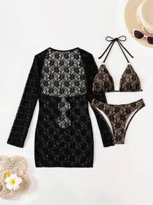 SHEIN Swim Damski 3-częściowy letni kwiat plażowy koronkowy zestaw bikini typu halter z bikini zakrywającym sukienkę