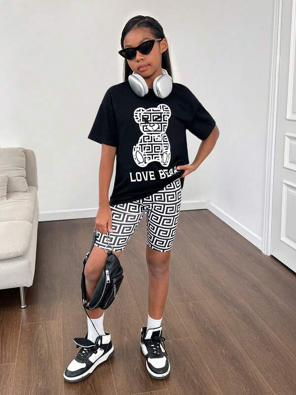 SHEIN Tween Girl Sporty Street Style Knitted Short Sleeve Top &  Shorts Set, Spring/Summer