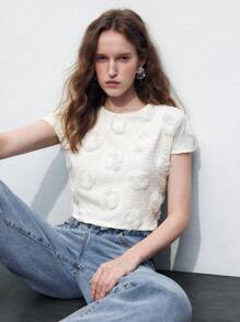Maija Weißes, einfarbiges, lässiges T-Shirt für Damen mit 3D-Blumendekor, Sommer