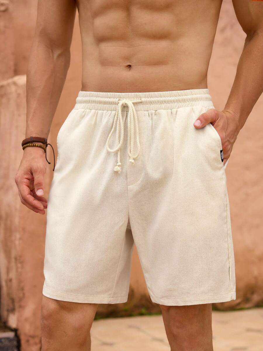 GENTILAND 1 pieza Conjunto de playa para hombre, pantalones cortos de lino hawaiano de ajuste casual con diseño de tejido para vacaciones de verano en la playa y surf - Caqui - Ver 1