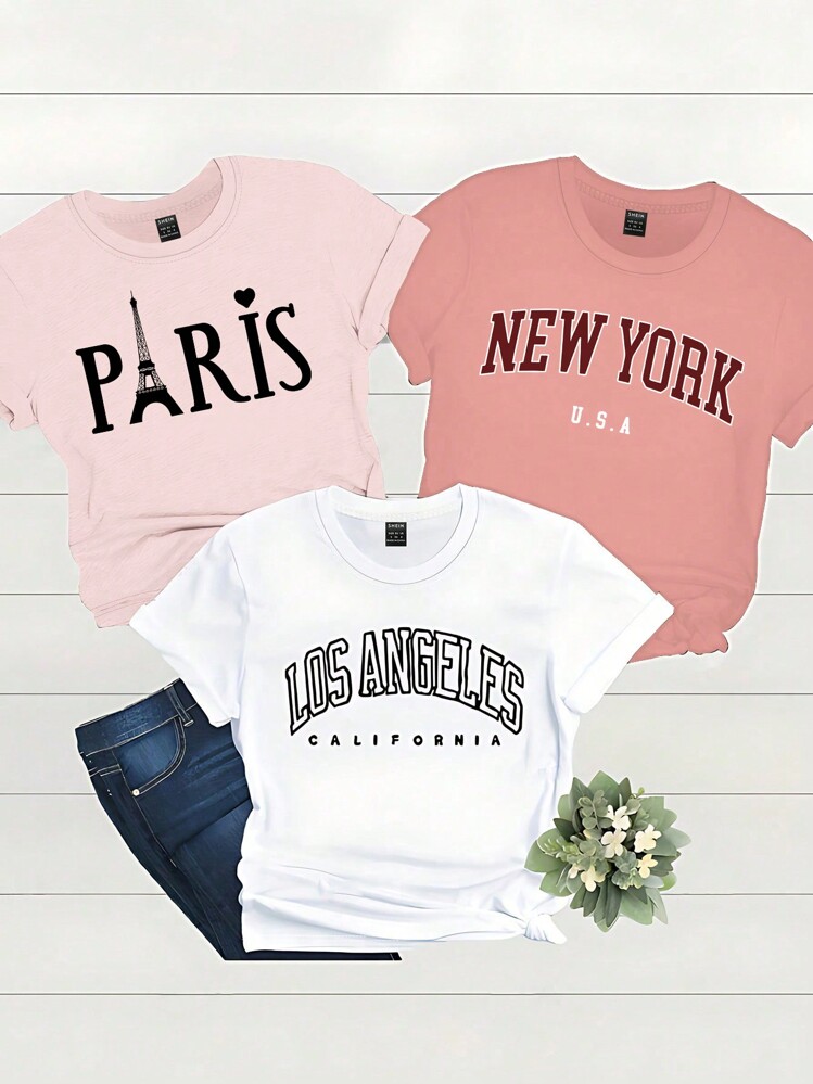SHEIN LUNE レディース 半袖 Tシャツセット ラウンドネック