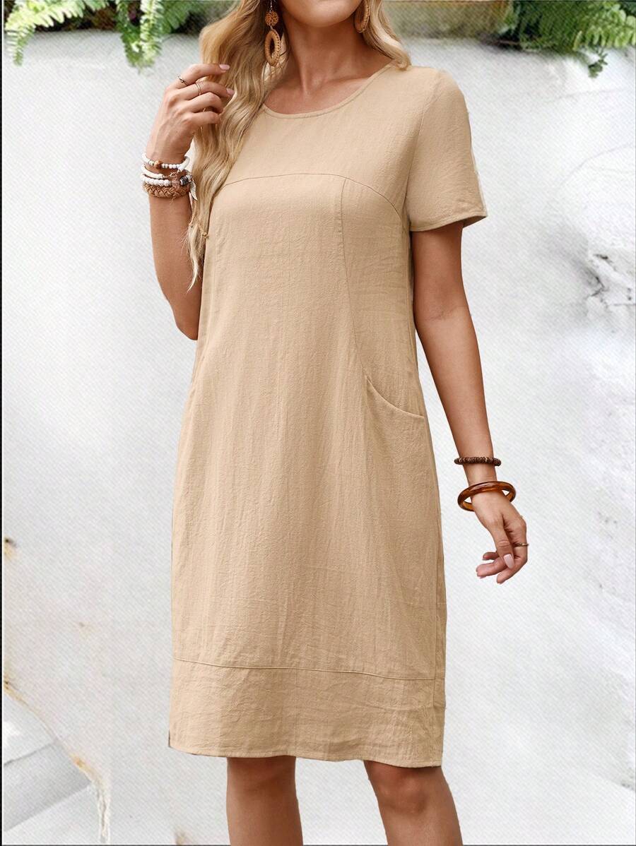 EMERY ROSE Summer Linen Women's Pocketed Dressback To School Outfits - Khaki - View 1