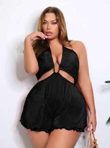SHEIN SXY Mono sexy para mujer de talla grande, con pliegues en la tela, lazo en el pecho, diseño de espalda descubierta y dobladillo ondulado