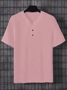Manfinity Homme 男士純色釦前T恤 - 粉色 - 查看 4