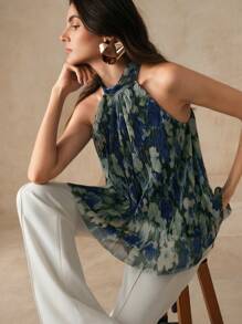 Anewsta Women's Fashionable Blouse, Lightweight Chiffon Halter Neck Backless Tie Strap Loose Casual Tank Top, Suitable For Spring, Summer, Valentine's Day - Blue - View 6