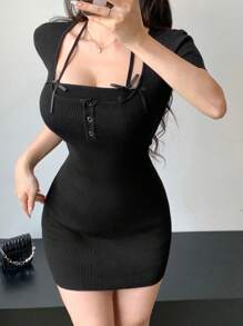 DAZY Sommerkleid für Damen Einfarbig mit Schleifendekoration und schlanker Passform - Schwarz - Übersicht 2