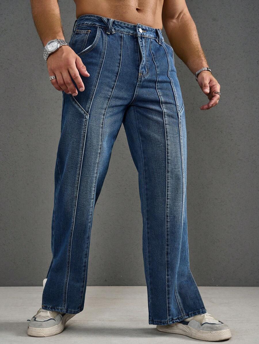 Manfinity Homme Quần jean nam xéo xẻ Hem bỏ túi ống thẳng - Rửa trung bình - Xem 1