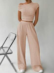 SHEIN EZwear 夏季實穿短袖上衣和寬腿褲 - 粉色 - 查看 3