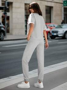 SHEIN Tall Letter Graphic Drop Shoulder Tee & Drawstring Waist Sweatpants, Tall Women - Grey - View 2