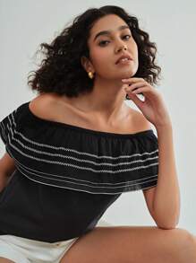 MOTF STUDIO EMBROIDERY RUFFLE TRIM OFF SHOULDER BLOUSE