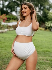 SHEIN 孕妇纯色沙滩比基尼套装，夏季夏日海滩 - 白色 - 查看 3