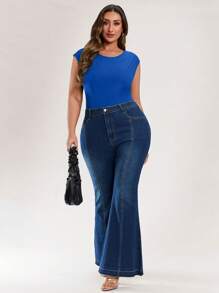 SHEIN BAE 大碼女士黑色彈性針織無袖露背連體衣 - 寶藍色 - 查看 3