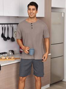 Men's Short-Sleeved And Long Pants Home Wear Set With Half-Zipper Collar And Solid Colors,  Couples Matching Outfits - Multicolor - View 4