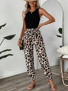 SHEIN LUNE Women's Vintage Leopard Print Elastic Waistband Pants With Ruffled Cuffs For Summer Casual, Holiday