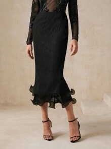 SHEIN X Phaith Montoya Anewsta Elegant Ruffle Hem Textured Bodycon Skirt - Black - View 8