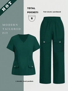 TaskEZ V Neck Top & Detachable Flap Pocket Cargo Pants Scrub Uniform Sets - Army Green - View 1