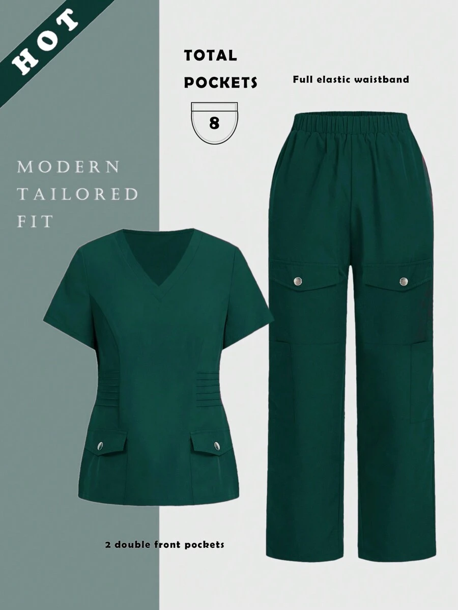 TaskEZ V Neck Top & Detachable Flap Pocket Cargo Pants Scrub Uniform Sets - Army Green - View 1