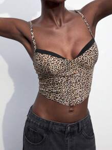 Maija 女士时尚豹纹拼布短款吊带背心，夏季 - 棕色 - 查看 8