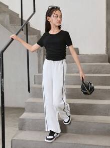 SHEIN Leap Crew Tween Girls' Contrast Piping Drawstring Waist Wide Leg Cargo Pants - White - View 3