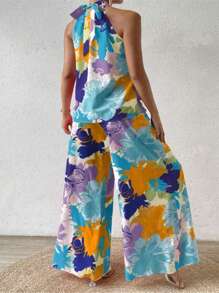 Breezaya Conjunto de dos piezas de talla grande para vacaciones, parte superior halter con estampado de plantas y pantalones anchos de pierna para uso casual - Multicolor - Ver 2