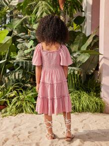 SHEIN Vestido de manga corta y unicolor para niña joven con dobladillo fruncido - Rosa - Ver 2