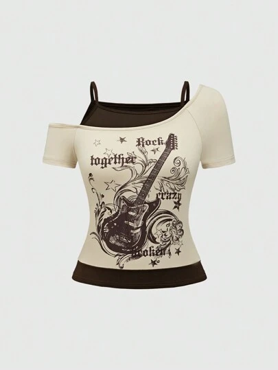 ROMWE Grunge Punk 垃圾摇滚吉他印花摇滚音乐节超大号拼色女式落肩 T 恤，学校