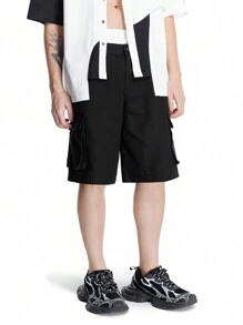 Manfinity VCAY Designer Men's Casual Cargo Shorts With Double-Layer Waist And Drawstrings - Black and White - View 1