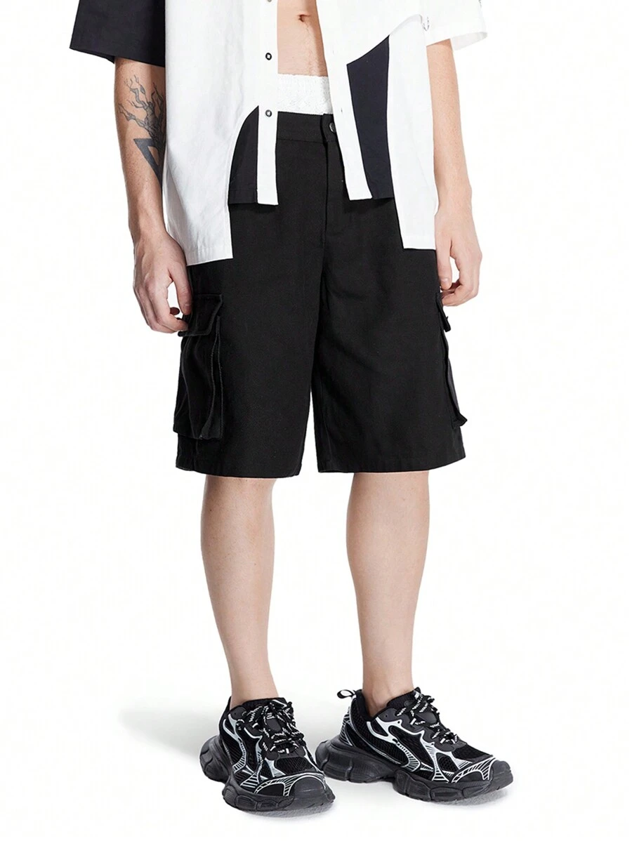 Manfinity VCAY Designer Men's Casual Cargo Shorts With Double-Layer Waist And Drawstrings - Black and White - View 1