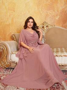 Große Größen Chiffon Kleid mit V-Ausschnitt, A-Linie, Schmetterling-bestickter Taille und weiten Ärmeln, elegantes und anmutiges Abendkleid für Prom, Halb-Formal, Hochzeitsgäste, für Geburtstag, Abschluss, Homecoming - Altrosa - Übersicht 5