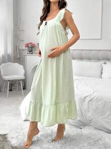 Moonlight&Mama Maternity Ruffle Trim Splicing Square Neck Jacquard Sleep Dress, Embroidery Hollow Out Pajama Dress - Mint Green - View 4