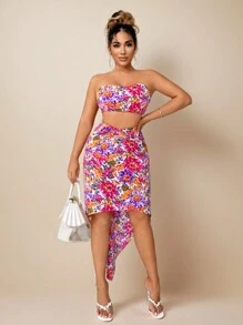 SHEIN SXY 夏季度假海滩花卉印花露肩上衣和不对称下摆裙子套装 - 藍色 - 查看 1