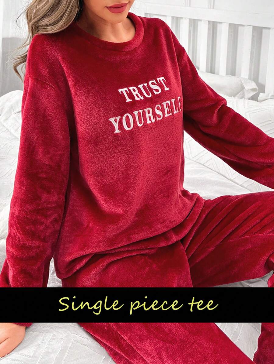 Letter Embroidery Drop Shoulder Flannel Cozy Lounge Top, For Fall Winter, Fluffy - Burgundy - View 1