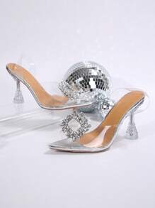 春夏新款仙女风杏色水晶水钻蝴蝶透明水晶尖头优雅派对水晶高跟凉鞋，9厘米高跟女士凉鞋 - 銀色 - 查看 6