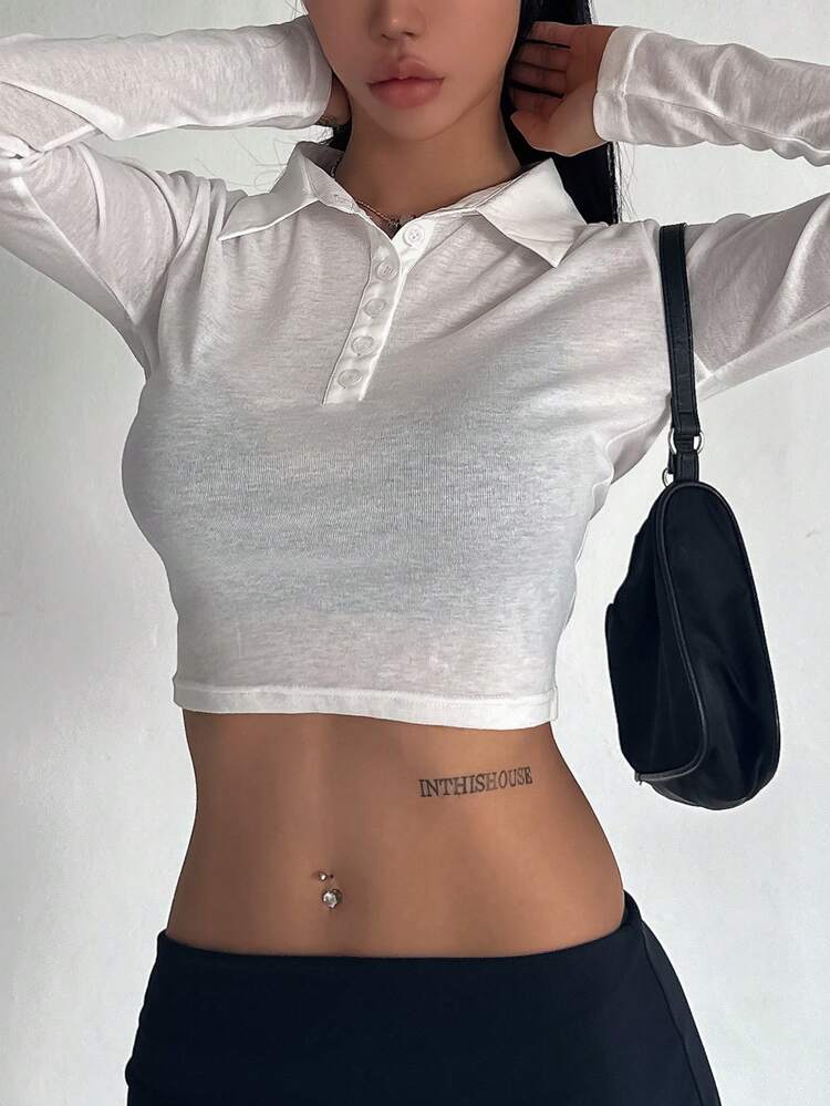 Solid Button Front Crop Tee For Spring And Summer, Long Sleeve T Shirt,Fall Women Clothes