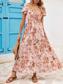 SHEIN VCAY Vestido con cuello cuadrado y cintura fruncida con estampado floral para vacaciones de verano - Multicolor - Ver 1