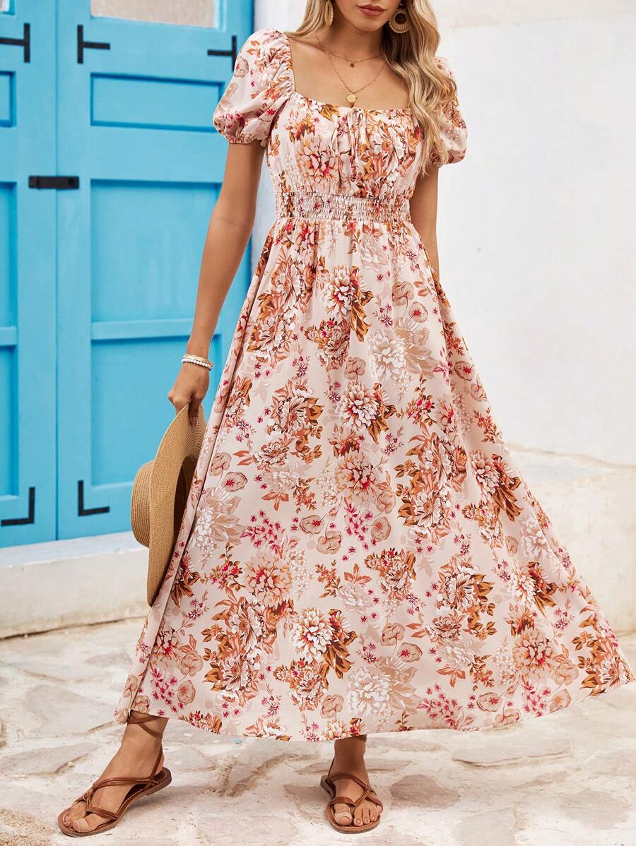 SHEIN VCAY Vestido con cuello cuadrado y cintura fruncida con estampado floral para vacaciones de verano - Multicolor - Ver 1