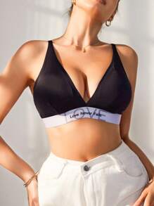 SHEIN 字母圖案無線胸罩 - 黑色 - 查看 1