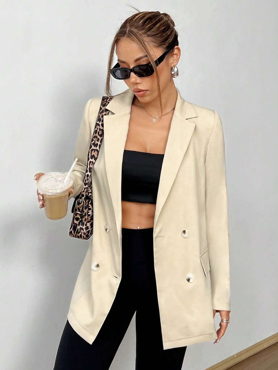 Flirla Blazer décontracté pour femmes de couleur unie et ample - Nude - Voir 1