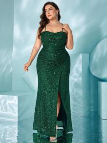 大码女式优雅细肩带腰鱼骨装饰垂坠亮片闪光开衩下摆鸡尾酒连衣裙 - 墨綠色 - 查看 7