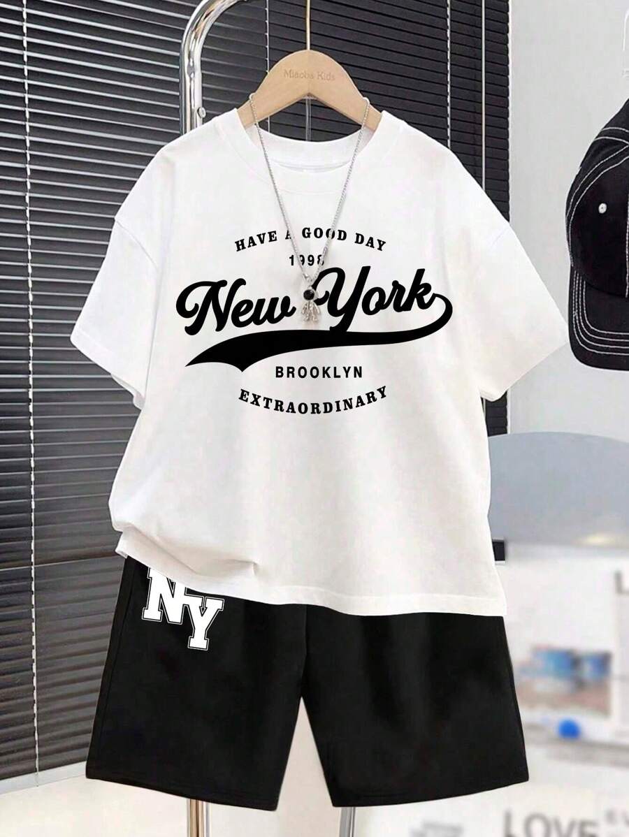 SHEIN Leap Crew New York, Teen Boy Casual Đơn Giản In Chữ Cổ Tròn Tay Ngắn Áo Phông Và Quần Short, Thích Hợp Cho Mùa Hè - Nhiều màu - Xem 1