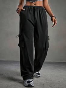 SHEIN Sports Women's Solid Color Sports Outdoor Street-Style Jogger Pants With Drawstring Waist And Cuffs - Black - View 8