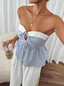 SHEIN Frenchy 女士夏季条纹印花无袖上衣，女士撞色条纹印花上衣，束身胸衣，返校季，教师款，美式上衣，复古风格，教师上衣，70年代复古风，Y2K风格上衣，100%纯棉休闲蓝色上衣 - 藍色 - 查看 3