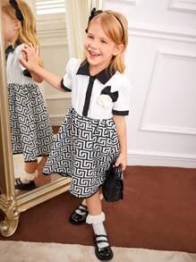 Summer Fashion Color Block Printed Patchwork Dress With 3D Flower Decoration For Young Girls - Black and White - View 6