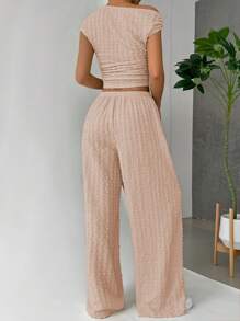 SHEIN EZwear 夏季實穿短袖上衣和寬腿褲 - 粉色 - 查看 2