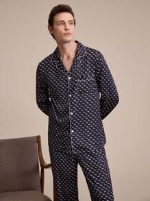 EverLounge 男士满版印花前纽扣长袖上衣和裤子睡衣套装/睡衣套装 - 黑與白 - 查看 6